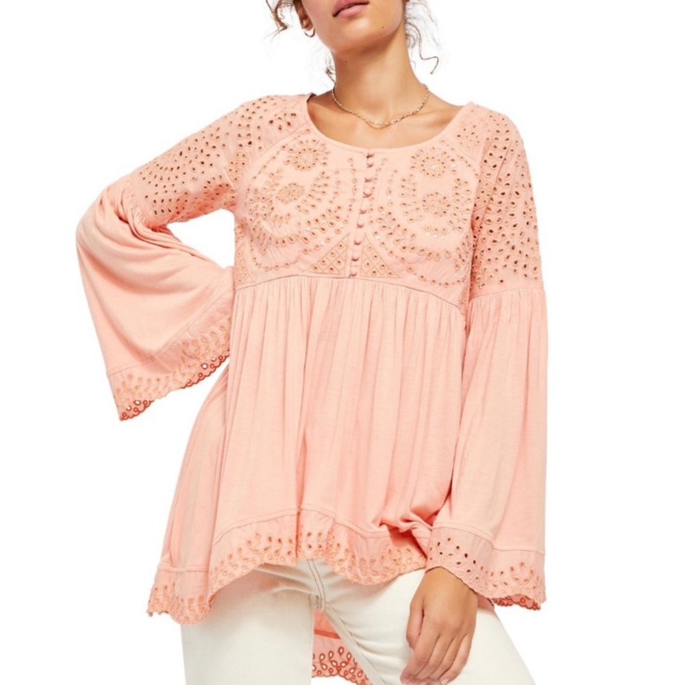 NWT Free People Sun Blush Eyelet Sea Of Love Bell-Sleeve Top